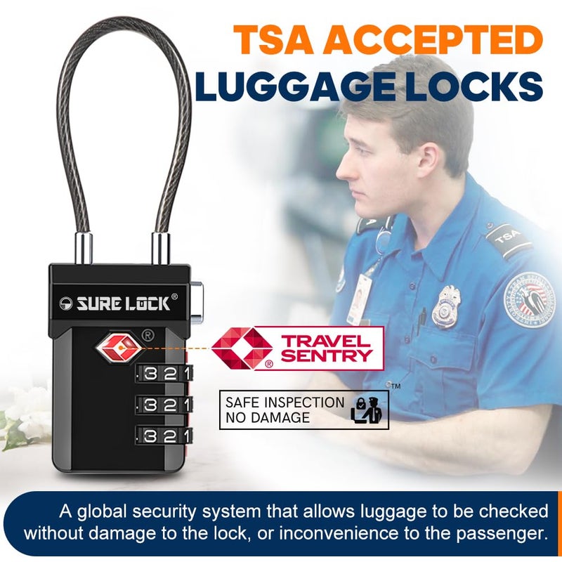 SURE LOCK قفل أمتعة سُور لوك المعتمد من TSA - أقفال TSA للأمتعة مع مؤشر الفحص البصري، مجموعة قابلة لإعادة الضبط مكونة من 3 أرقام، جسم من سبائك الزنك للحقائب، حقائب الظهر، خزائن الصالة الرياضية (أسود 4 عبوات) - Image 2